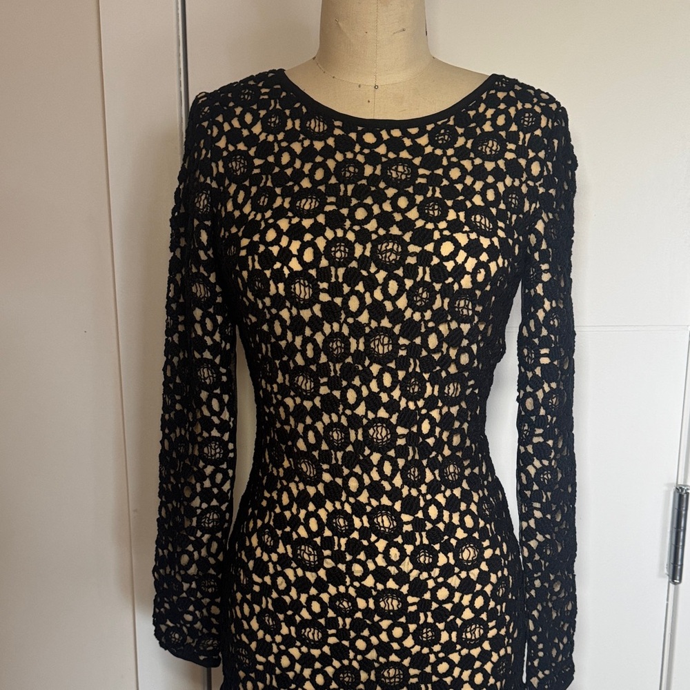 Catherine Malandrino Mesh Lace Dress Black Crochet Overlay Back Cutout